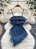 Fringed Edges Adjustable Straps Denim Buckle Top