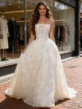 Lace Strapless A Line Bow Simple Wedding Dress