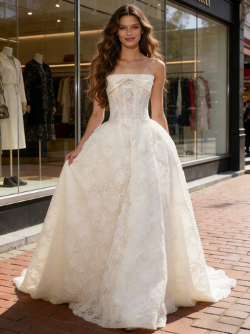 Lace Strapless A Line Bow Simple Wedding Dress