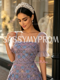 Square Short Sleeve Beading Tulle Purple Prom Dress