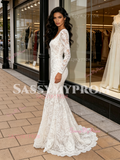 Lace Trumpet Mermaid White Boat Long Sleeve Wedding Dress