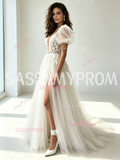 Tulle Lace A Line Puffy Sleeve Wedding Dress With Slit