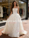 Lace Strapless A Line Bow Simple Wedding Dress