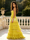 Spaghetti Straps A Line Yellow Tulle Ruffles Prom Dress
