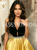 Black Halter Yellow Beading Satin Homecoming Dress