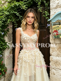 V Neck Champagne Flowers Tulle A Line Prom Dress