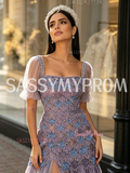 Square Short Sleeve Beading Tulle Purple Prom Dress