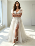 Tulle Lace A Line Puffy Sleeve Wedding Dress With Slit