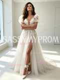 Tulle Lace A Line Puffy Sleeve Wedding Dress With Slit