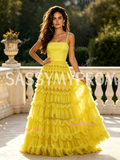 Spaghetti Straps A Line Yellow Tulle Ruffles Prom Dress