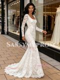 Lace Trumpet Mermaid White Boat Long Sleeve Wedding Dress