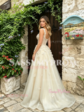 V Neck Champagne Flowers Tulle A Line Prom Dress