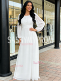 Chiffon Long Sleeve Scoop A Line White Prom Dress