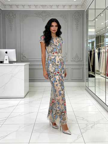 Long Sleeve Square Ankle Length Belt Sheath Column Prom Dress