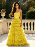 Spaghetti Straps A Line Yellow Tulle Ruffles Prom Dress