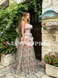 Sweetheart Pink Flower Print A Line Prom Dress