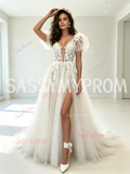 Tulle Lace A Line Puffy Sleeve Wedding Dress With Slit