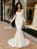Lace Trumpet Mermaid White Boat Long Sleeve Wedding Dress
