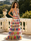 V Neck Rainbow Sequin A Line Backless Tulle Prom Dress