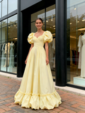 Sweetheart A Line Satin Puffy Sleeve Yellow Prom Dress