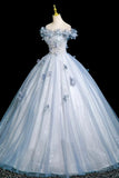 Flowers Floral A Line Blue Tulle Prom Dress