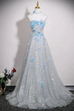 Sequins & Blue Butterfly A Line Silver Prom Dress
