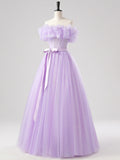 Tulle Floor Length A Line Purple Belt Prom Dress