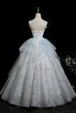 A Line Lace Flower Blue Sparkle Prom Dress