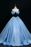 Off The Shoulder Satin Butterfly Blue A Line Prom Dress