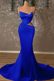 Crystal Draped One Shoulder Red Satin Mermaid Prom Dress