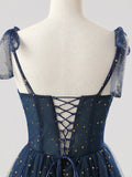 Spaghetti Strap Sequin Navy Tulle Sparkle Prom Dress