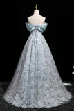 Flower Lace A Line Blue Off the Shoulder Prom Dress