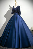Satin Sequins Half Sleeves Long Navy Prom Dress