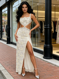 Straps A Line Lace Beading Champagne Cut Out Prom Dress With Slit