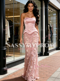 Pink Strapless Satin Lace Sheath Column Prom Dress