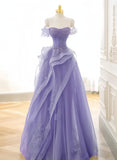 Off Shoulder Tulle Ruffles Purple Appliques Prom Dress