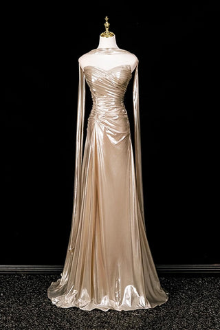 Sweep Train Floor Length Satin Champagne Prom Dress With Shawl
