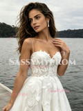 Tulle A Line Appliques Spaghetti Straps Wedding Dress With Slit
