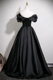 Off the Shoulder A-Line Satin Black Ruffles Prom Dress