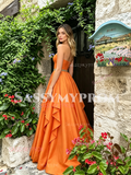 Orange Strapless Satin Ruffles Beading A Line Prom Dress