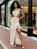 Straps A Line Lace Beading Champagne Cut Out Prom Dress With Slit