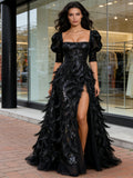 Puffy Sleeve Sequin Feather Black A Line Prom Dress