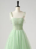 Light Green Tulle Spaghetti Strap Sequin Prom Dress