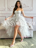 Silver High Low Tulle Sparkle Strapless Long Sleeve Homecoming Dress