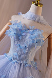 A Line Beading Butterfly Blue Flower Prom Dress