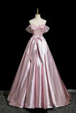 Satin A Line Flower Off The Shoulder Prom Dress