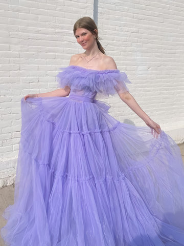 Tulle Purple A Line Off The Shoulder Prom Dress