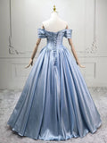 Off Shoulder Satin Blue A Line Elegant Prom Dres