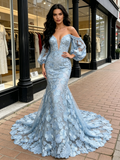 Light Blue Lace Long Sleeve Sweetheart Trumpet Mermaid Prom Dress