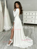 Spandex V Neck A Line Long Sleeve Wedding Dress